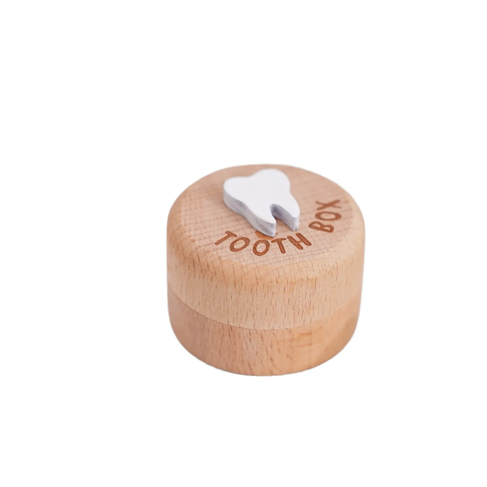 Simple circular solid wood baby teeth storage box with engraved words to commemorate baby teeth, fetal hair, and precious storag