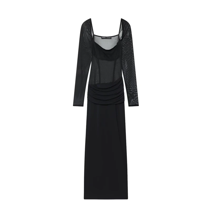 Robe longue en maille noire à manches longues pour femmes – Col carré, taille froncée, robe de soirée transparente et élégante