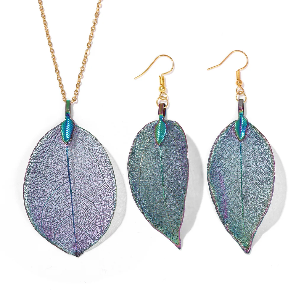 Women's Electroplated Gold Leaves Necklace & Drop Earrings Set