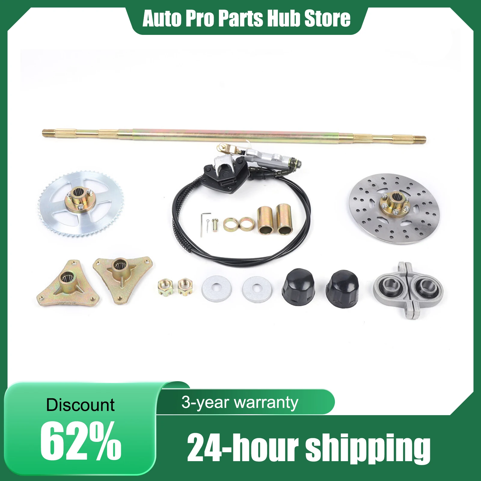 

ATV Rear Axle, 740mm Kart Axle Kit, 58T Sprocket, Fits Go Kart, ATV Custom Rebuild, Complete Brake Assembly, Pillow Block Set