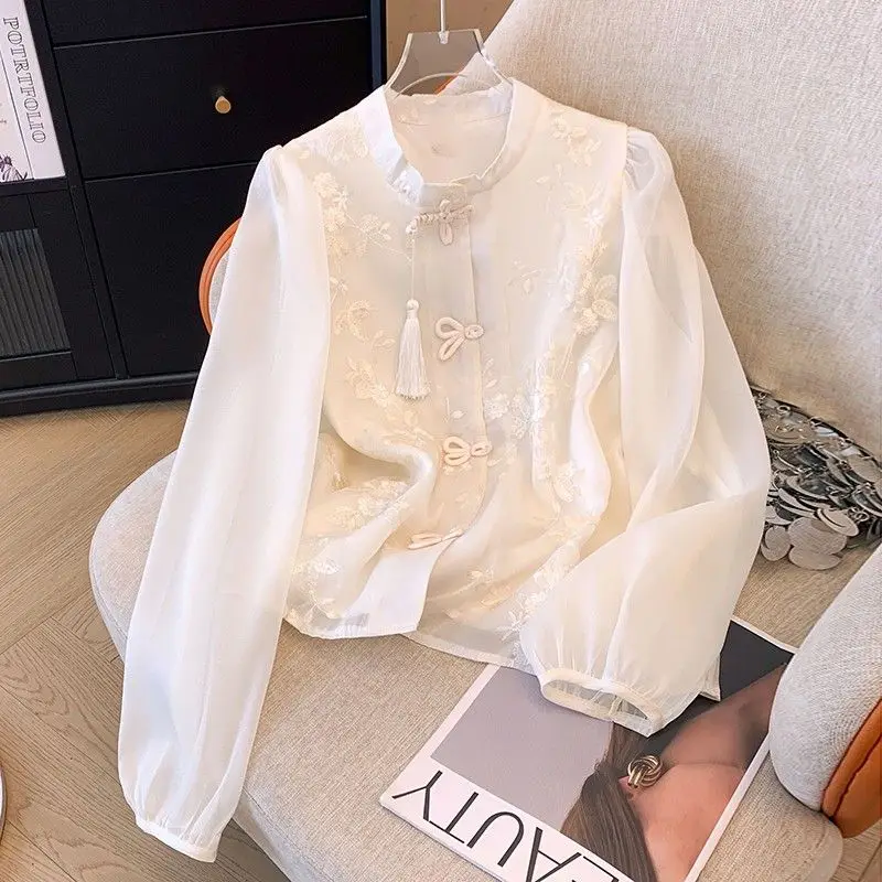 

Women's Spring Autumn Solid Color Lantern Long Sleeve Plant&Flowers Embroidered Pullover Chiffon T-shirt Chinese Style Tops