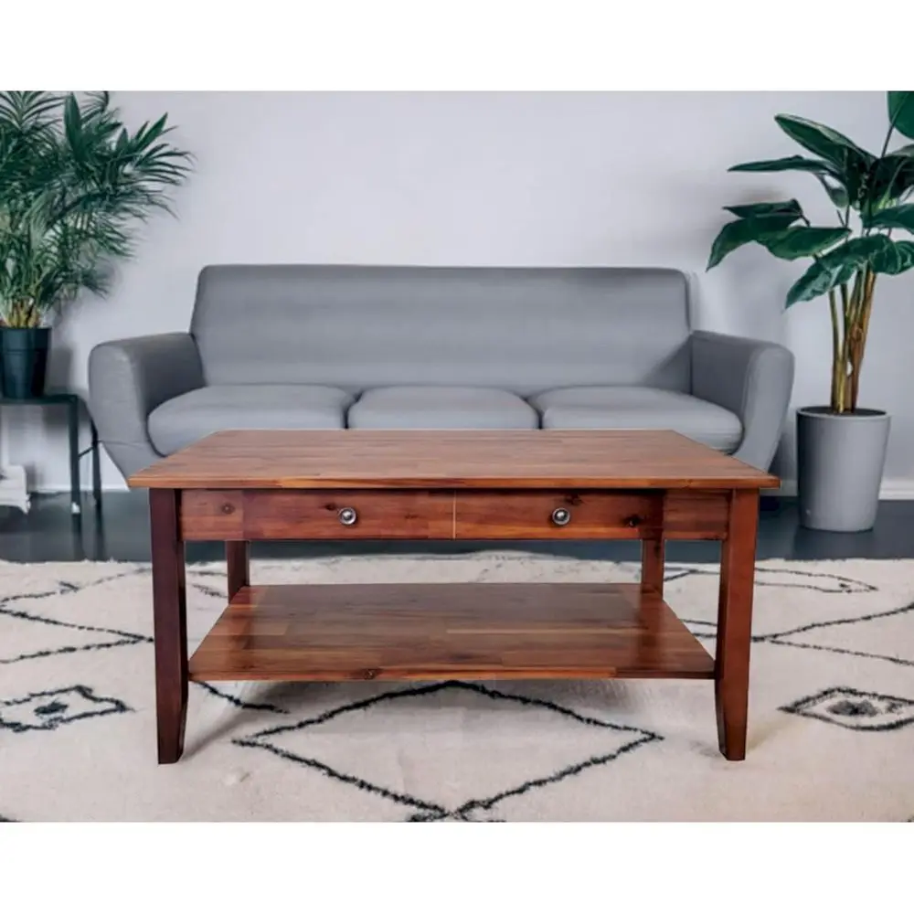 Acacia Solid Wood Coffee Table with Drawer and Bottom Shelf