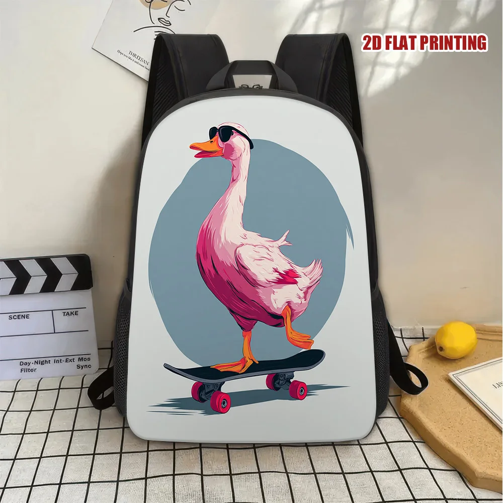 

1 skateboard duck print backpack-lightweight polyester student bag, adjustable detachable shoulder strap, stylish pink duck blue