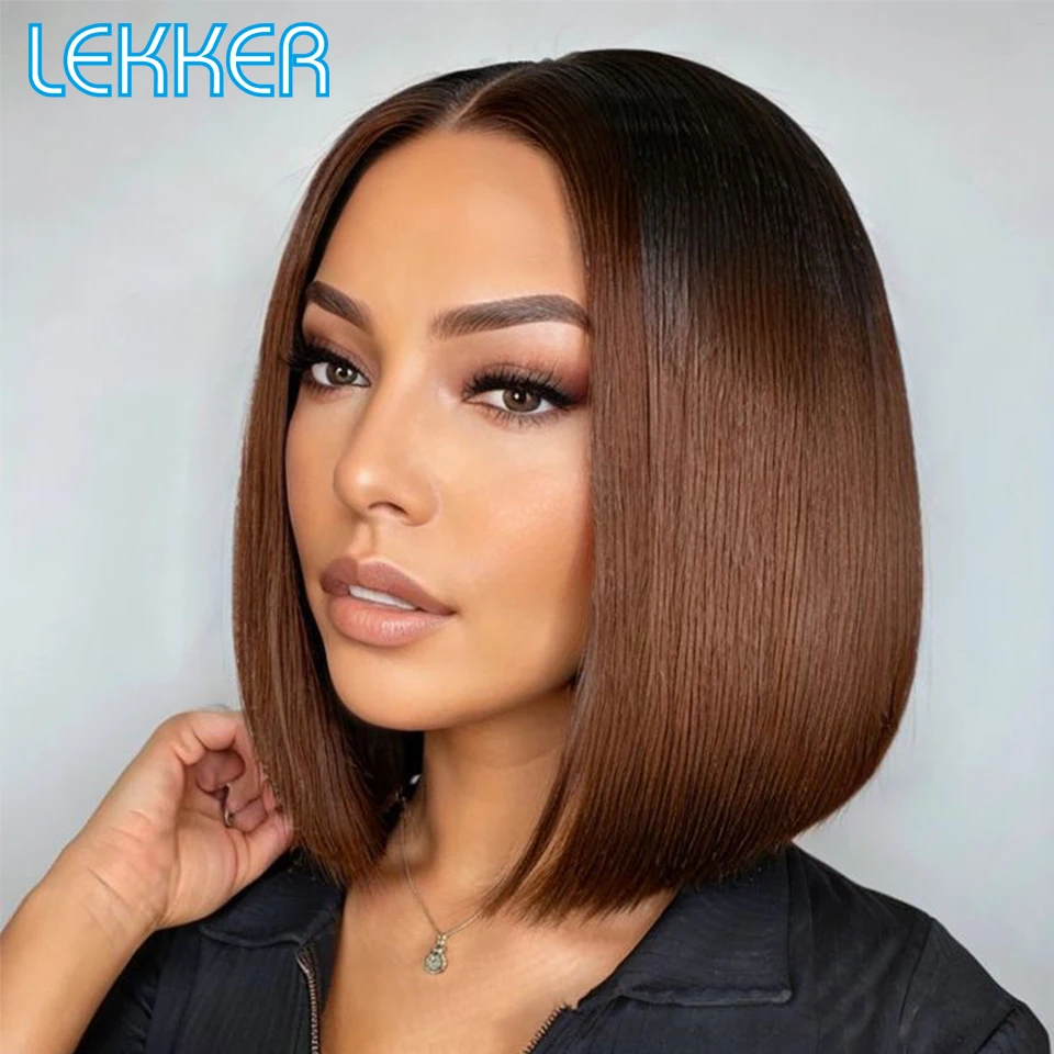 Lekker-Perruque Bob Lace Front Wig 100% Naturelle Remy, Cheveux Courts et Lisses, Brun Chocolat, Coloré, Sans Colle, 12 Pouces, pour Femme