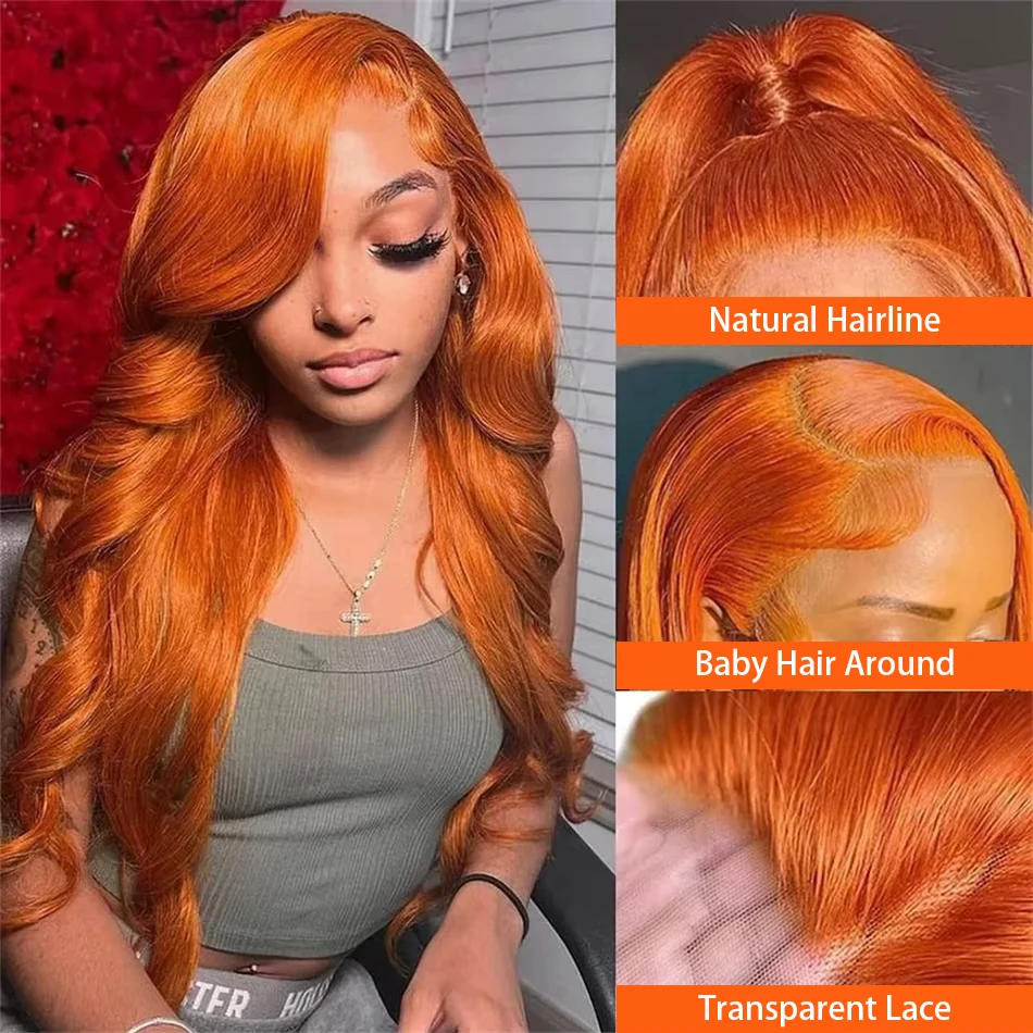 300% ​ الكثافة الجسم موجة 13x6 HD الدانتيل أمامي 100% خصلات الشعر المستعار الإنسان 14 36 بوصة الزنجبيل البرتقالي الدانتيل إغلاق شعر مستعار أمامي للنساء السود