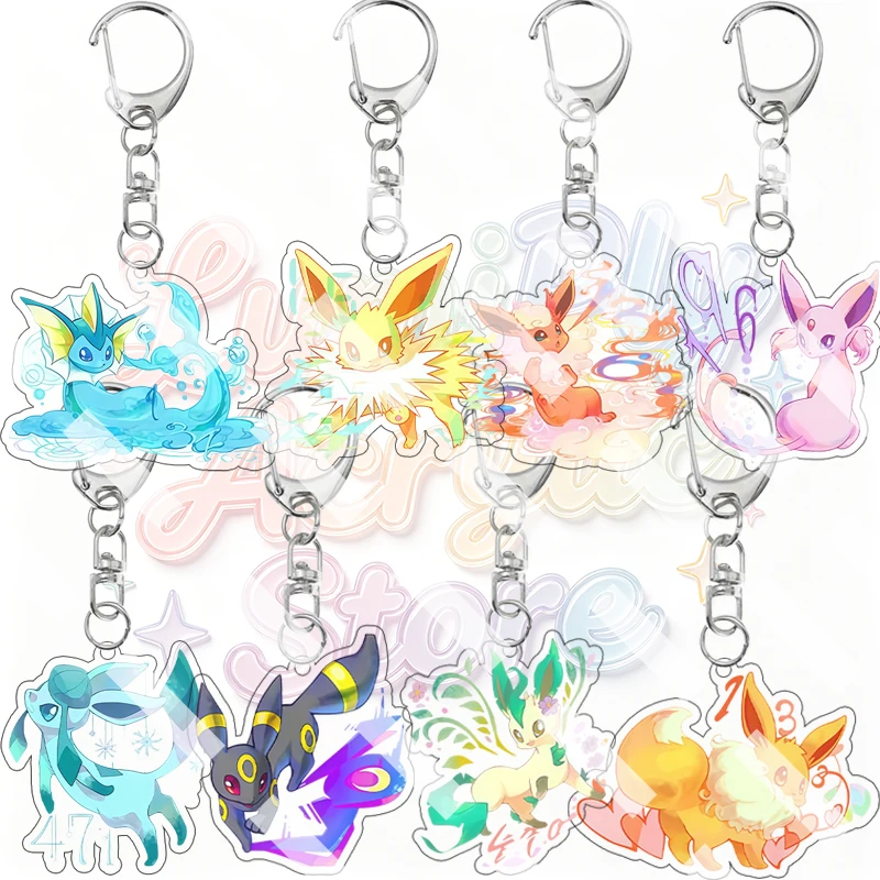 Cool Pocket Monsters Acrylic Keychain Anime Cartoon Vaporeon Jolteon Flareon Espeon Bag Pendant Key Ring Charms Collectible Gift