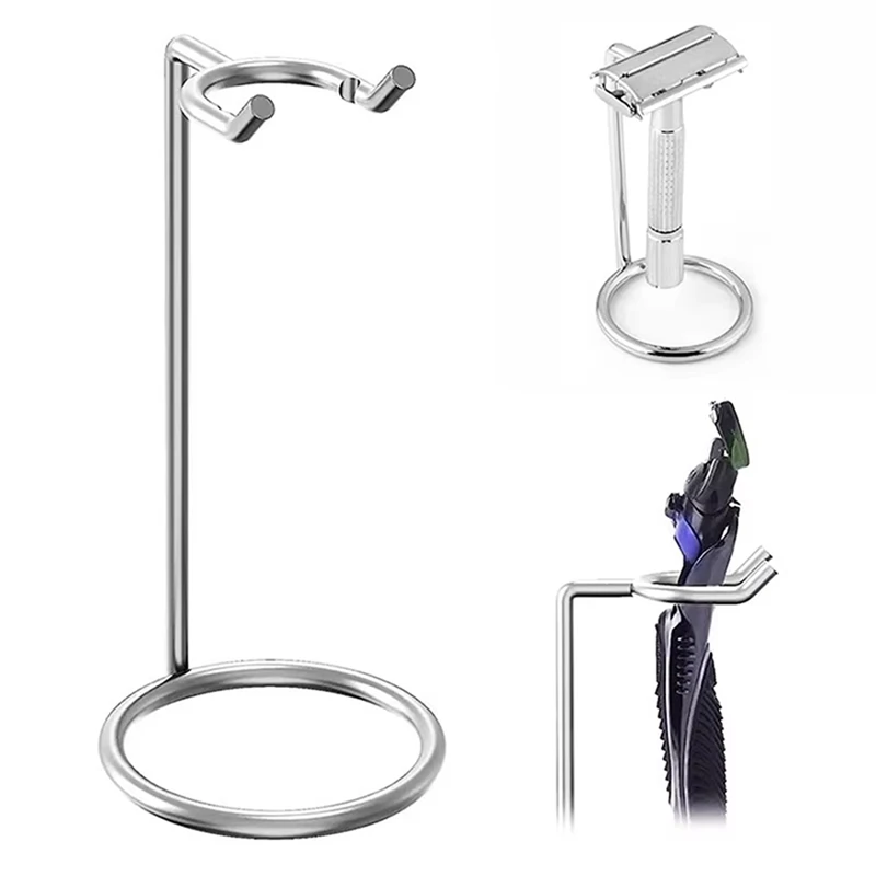 ABKP-Men Metal Art Shaving Brush Stand Razor Base Chromed Silver Shaving Razor Beard Clean Shaver Kit Cartridge Easy Carry