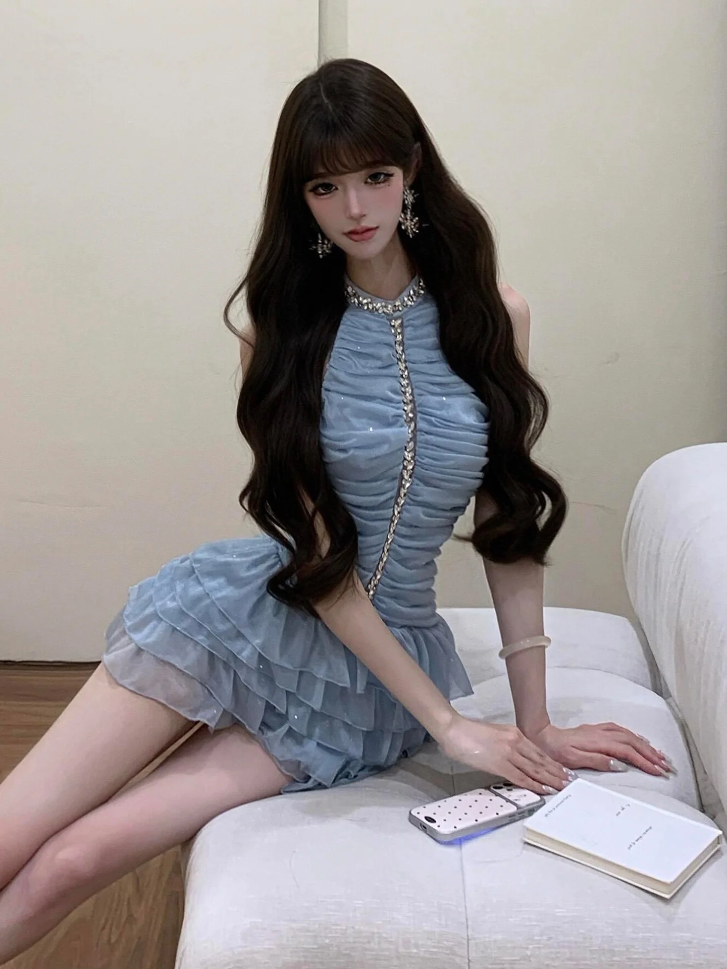

Elegant Diamond Embedded Neckline Dress Women's High-End Birthday Cake Skirt Slimming A-Line Gown for Party And Wedding