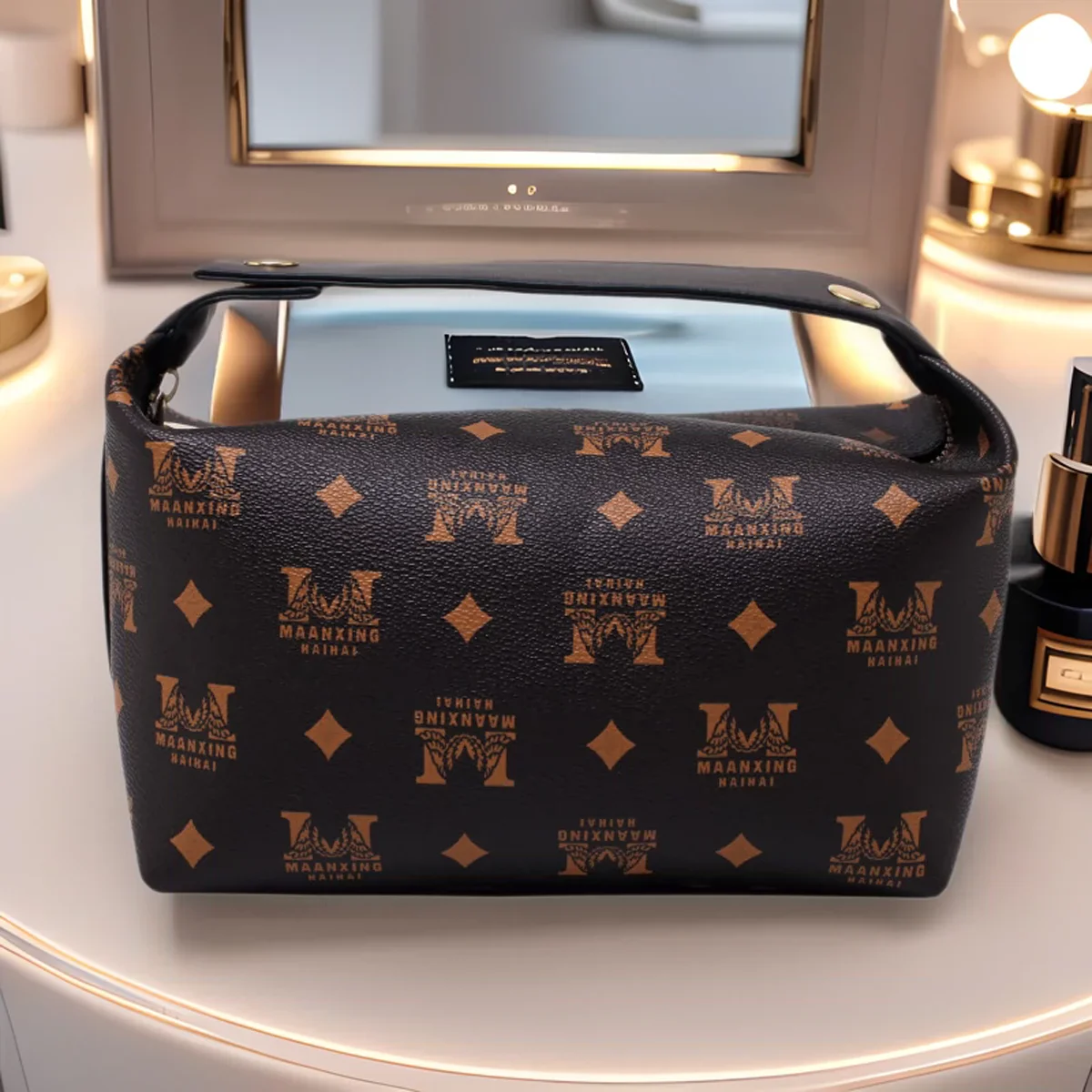 

Makeup bag going out high appearance level pu new printed travel convenient large capacity skin care storage bag letters