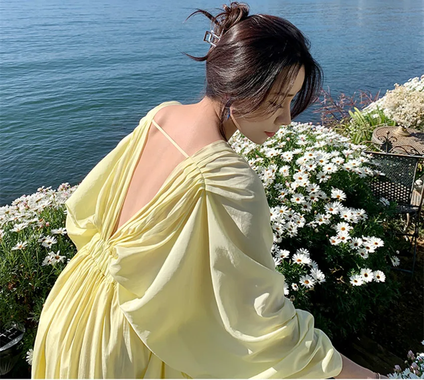 JSXDHK Fashion Design Summer Boho Holiday Style Dress Chic Women V Neck Batwing Sleeve Yellow Backless Sexy Beach Long Vestidos