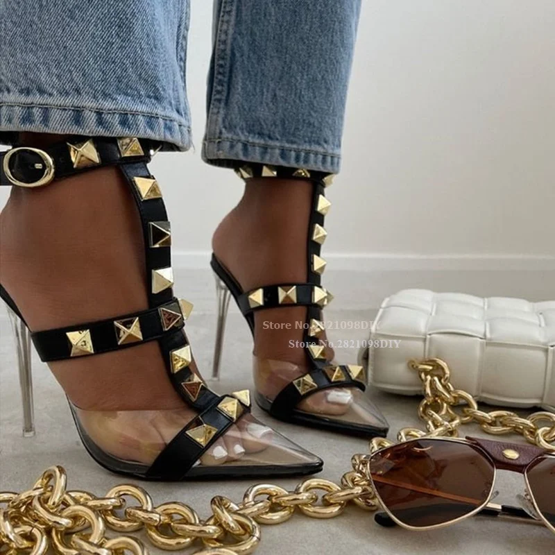 

Thin High Heels Women Buckle Strap Transpetent Pvc with Rivet Stiletto Heeled Sandals Summer Shoes Stud Party Shoes