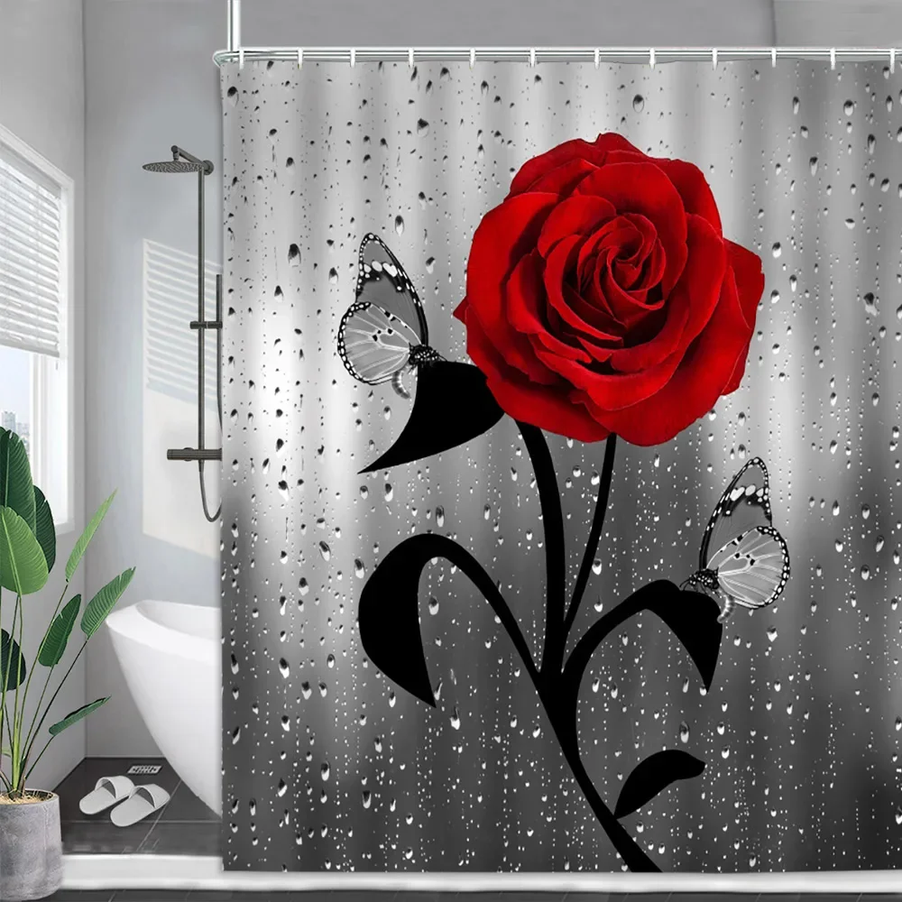 Red Rose Shower Curtain, Valentine's Day Water Drops Wooden Panel Butterfly Valentine's Day Animal Romantic Heels Bathroom Dec