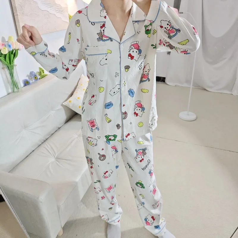 Hello Kitty Pajamas Spring Long Sleeve Set Sanrio Sweet Pajamas Two-piece Set White Hello Kitty Pajamas Loose Loungewear