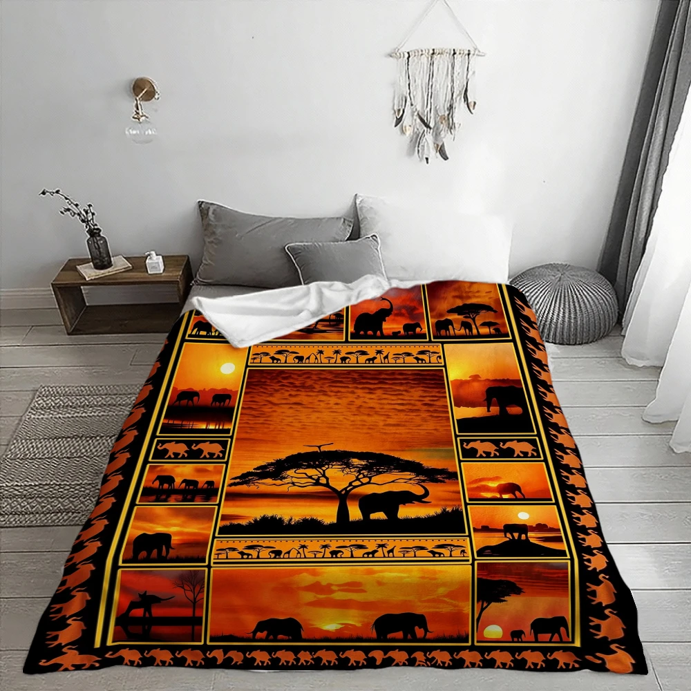 African Safari Sunset Elephant Collage, Family Home Decor Gift, Soft Fleece Blanket, Warm Orange Silhouette Design, Multi-Purpos