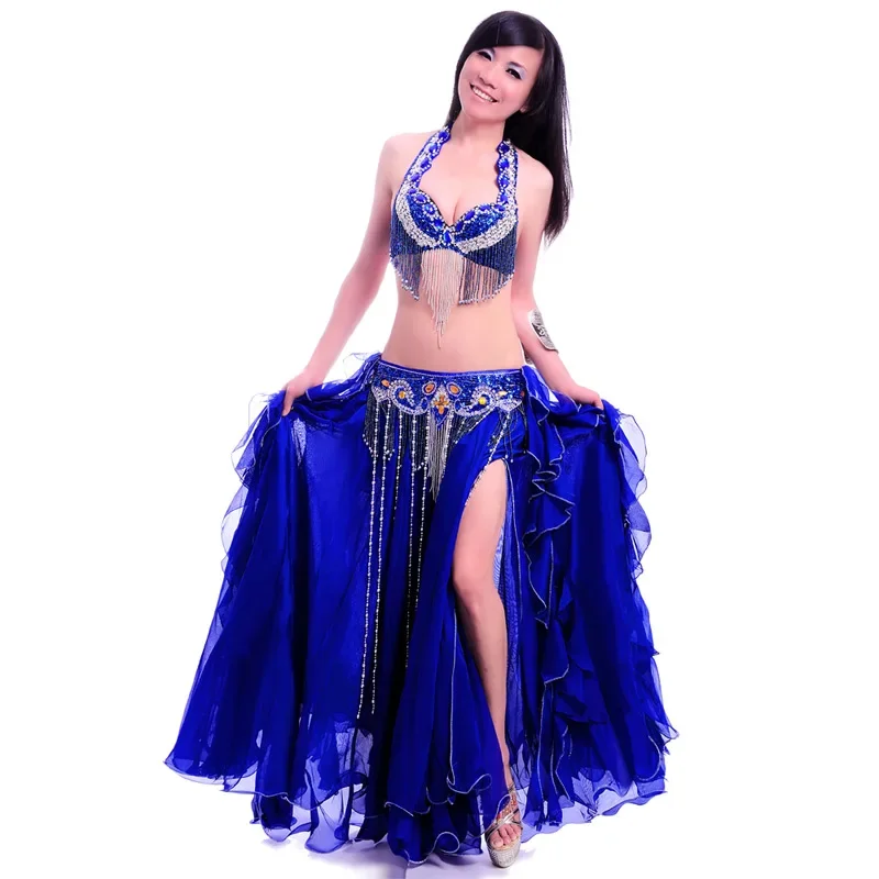 

Women Belly Dance Costume Professional Performance Bellydance Outfit Bras Belt Skirt Set Oriental Beads Costumes Dancewear