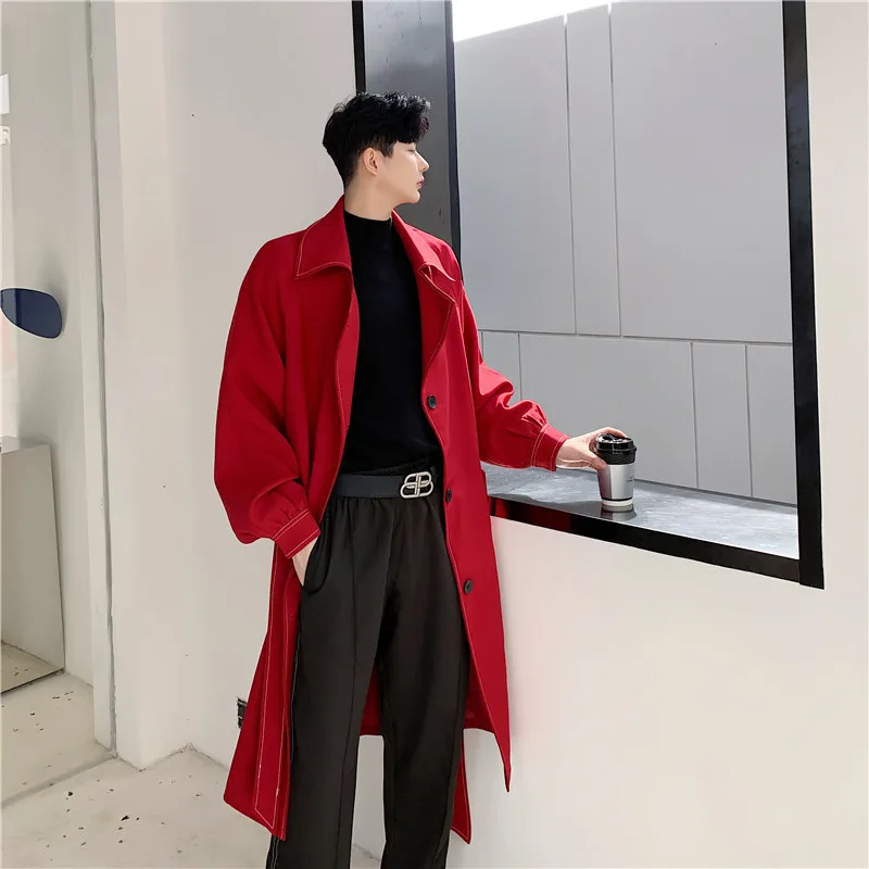 

Spring New Sle Men's Long Coat Lantern Sve Waist Cinched over Knee Length Korean Version Windbreaker Cool Sle Polyeste...