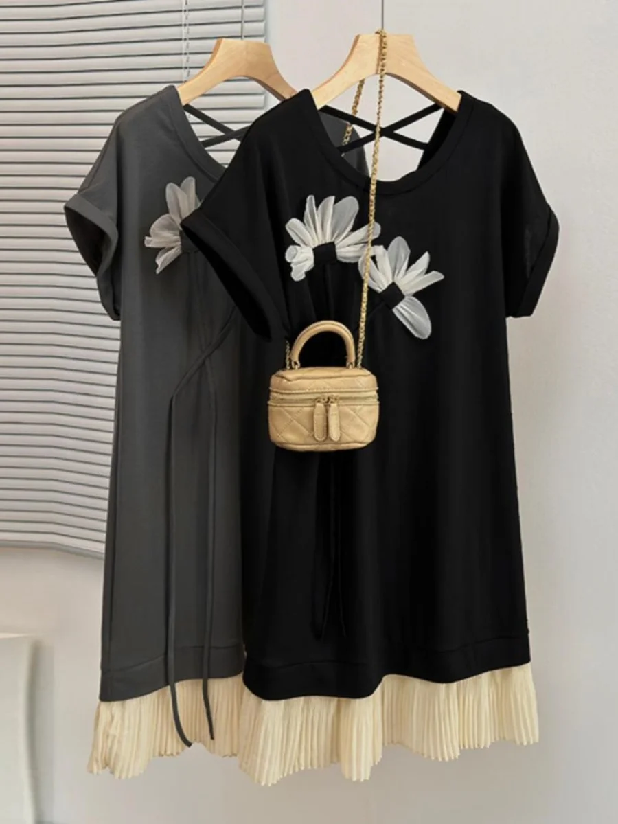 Vestido holgado de estilo francés para mujer, camisetas de manga corta con espalda descubierta y retazos, vestidos informales con cuello redondo y estampado de flores