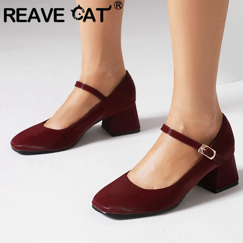 REAVE CAT Design Office Lady Pumps Toe Block Heels 5cm Buckle Strap 44 45 46 47 Elegant Soft Daily Women Shoes