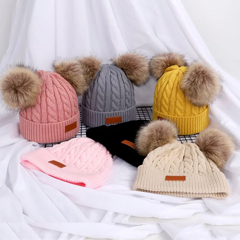 Bonnet double pompon en laine pour enfants, bonnet chaud pour enfants, bonnets pour garçons et filles, joli bonnet pour bébé, automne et hiver