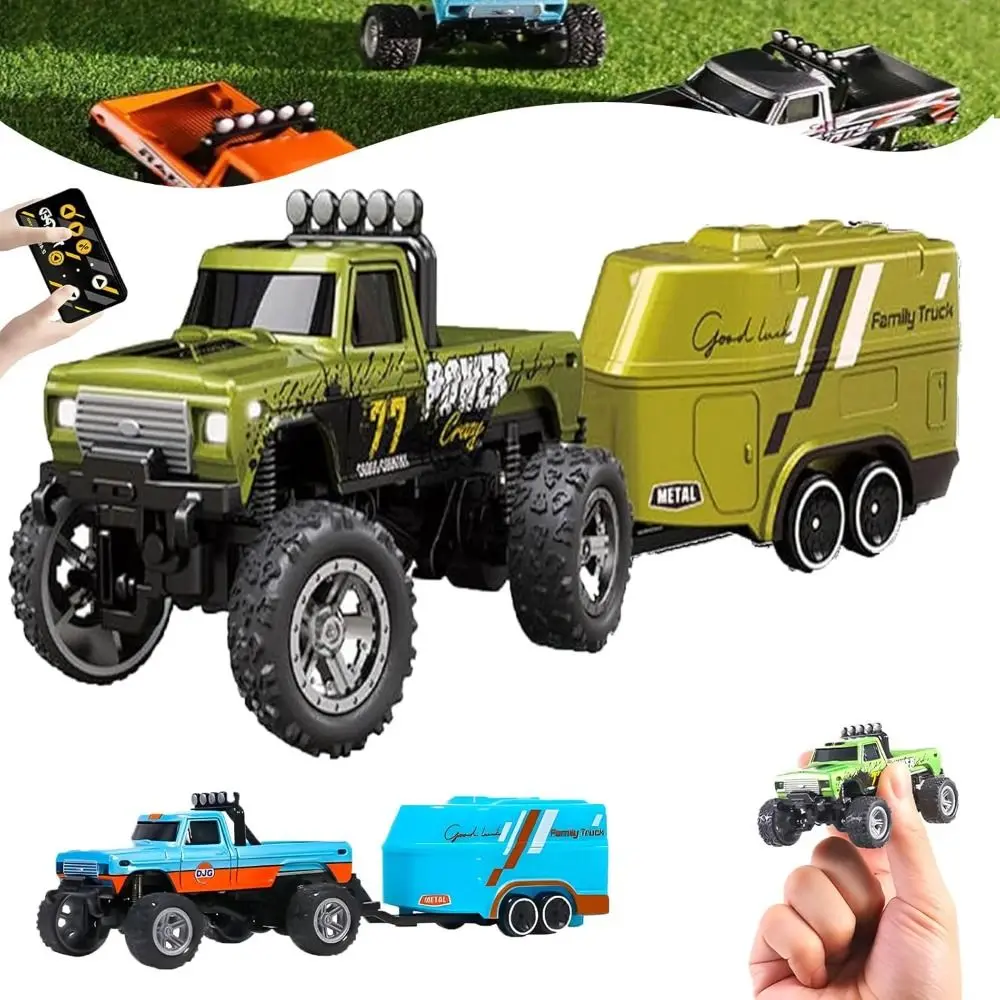 

USB Rechargeable Mini Rc Truck 1:64 Speed Alloy Remote Control Truck With Trailer And Lights Shock Absorption Ruck Toy