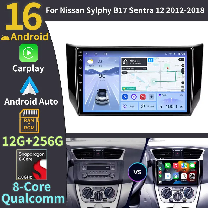 Radio para Auto Android 16 para Nissan Sylphy B17 Sentra 12 2012-2018, Reproductor Multimedia con Carplay Inalámbrico y Android Auto, Unidad Principal 2DIN