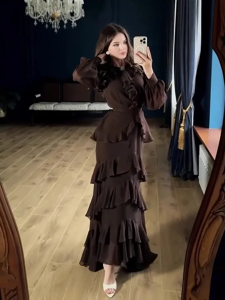 Elegant Solid Layered Ruffle Long Dress Women O Neck Long Sleeve Belt Chiffon Maxi Dress Autumn Wedding Guest Evening Party Robe