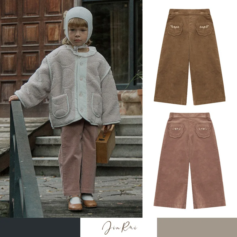 

New Children's Clothing Cotton Flannel Wide Leg Pants High-Quality Boys Girl's Embroidered Brown Thick Flannel Casual Pants