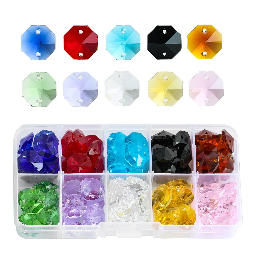 

100pcs Glass Octagon Beads Colorful Crystal Chandelier Part Replacement Loose Bead Hanging Pendant DIY Suncatcher Strand Jewelry