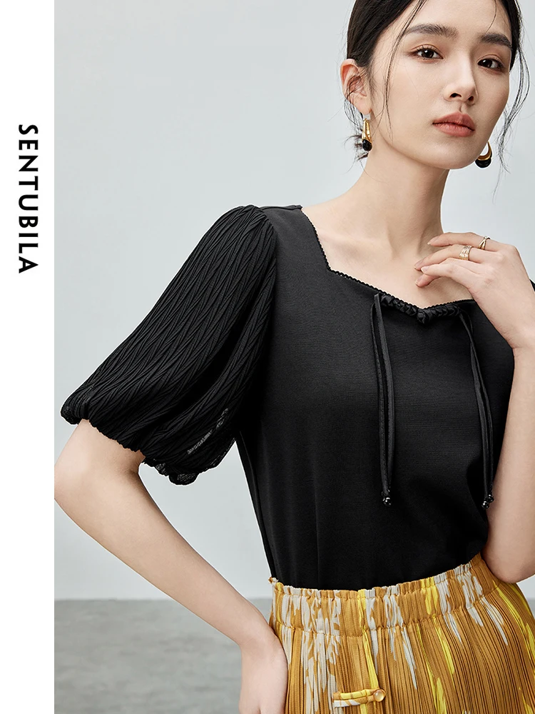 SENTUBILA Chinese Style Patchwork T-shirt for Women 2024 Summer Square Neck Pleated Puff Sleeve Straight Women Top 142T50088