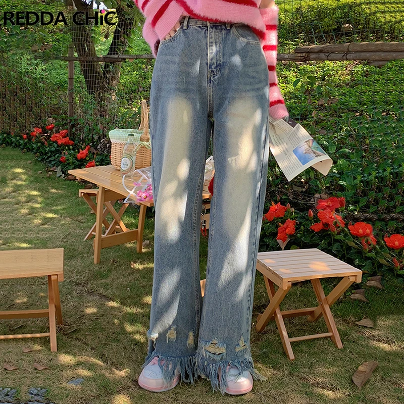 

REDDACHiC Tassels Baggy Jeans Women High Waist Korean Streetwear Ripped Wide Leg Pants Ladies Trousers Mom Jeans Vintage Clothes