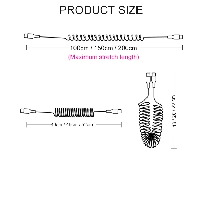 NNBILI 66W 5A Fast Charging Spring Type C to Type C Cable for iPhone 15 16 Samsung Xiaomi Huawei Phone Car USB C Cables 1M/2M ﻿