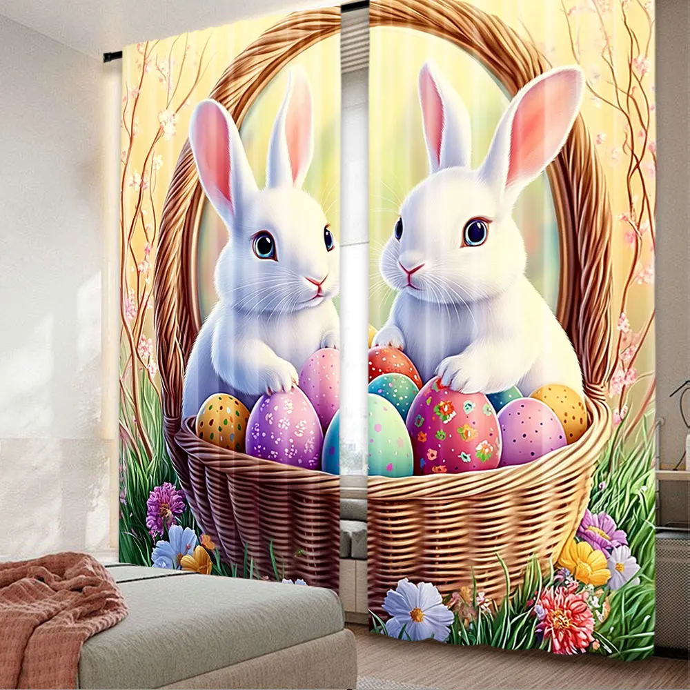 

2Pcs Vintage Rabbit Print Curtains Elegant Modern Style For Living Room Bedroom Or Kitchen Easter Decor And Many Other Occasions