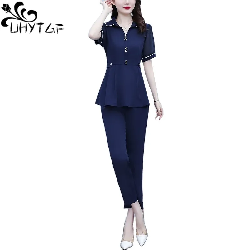 

UHYTGF Fashion Summer Two Piece Set Womens Short Sleeves Pullover Top + Pants Tracksuit Female Outfits Thin 5XL Big Size Suit 81