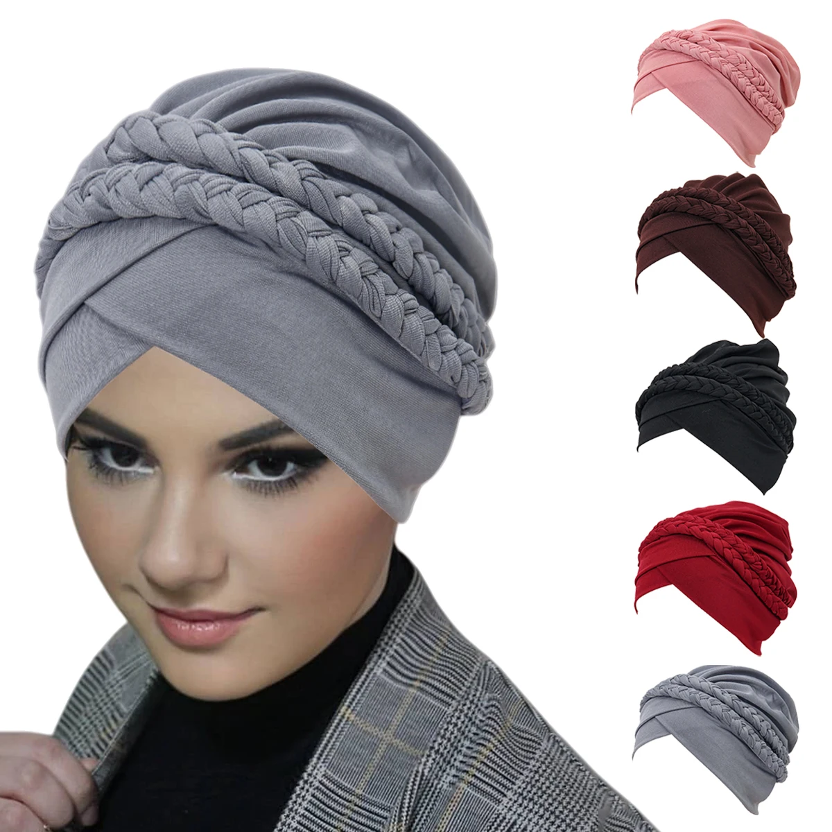 

2026 New Braid Muslim Turban Cap Solid Color Women Hijabs Islamic Chemo Cap Head Scarf Ladies Head Wrap Cover Hijab Scarf