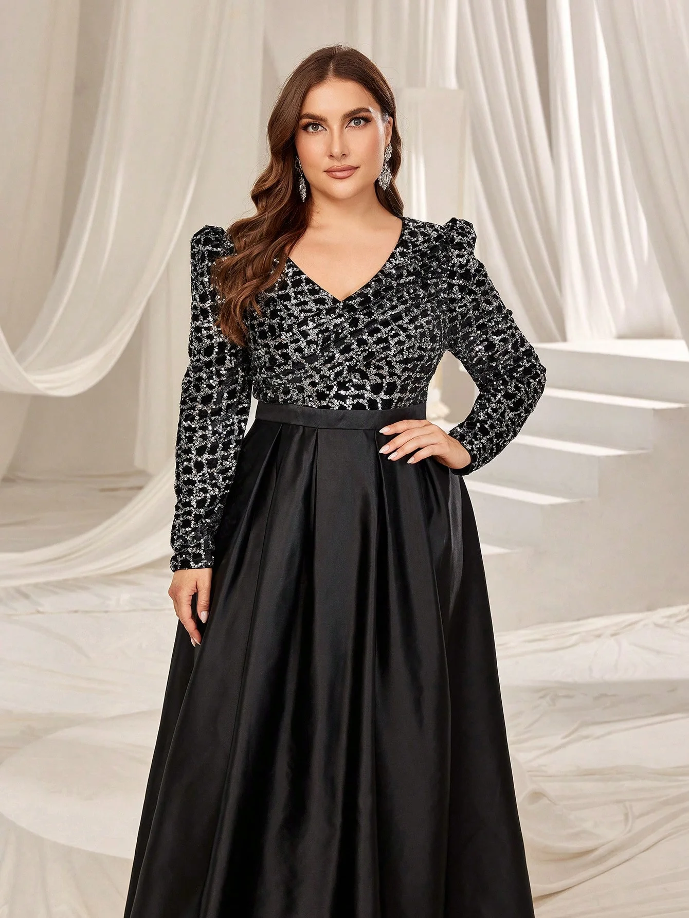 Robe formelle à paillettes, manches Gigot Plus, abonnés