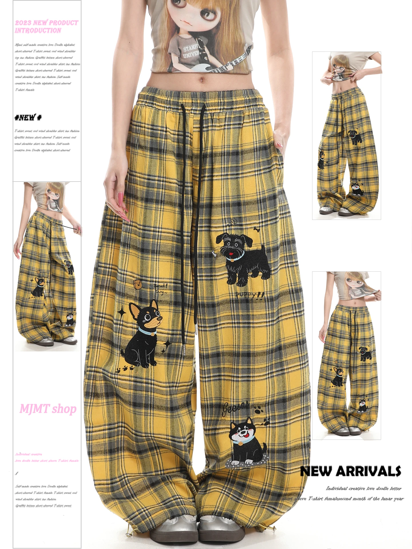 American Retro Cartoon Embroidered Plaid Wide Leg Pants Women's Loose Lazy Slimming Floor-Length Casual Long Trousers