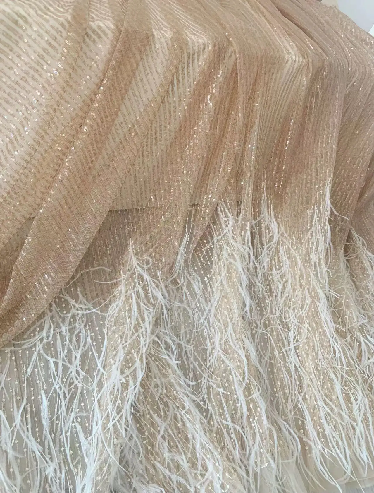 Deluxe1 Yard Rose Gold Plumes Fringe Tulle Lace Fabric with Sparkling Sequined Mest for Bridal Decor,Couture Dress Accessories