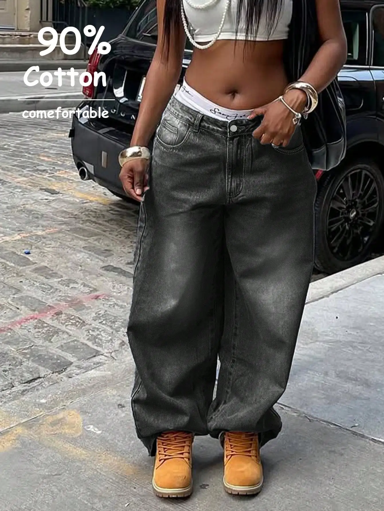 

Женские джинсы Y2K с широкими штанинами, джинсы с высокой талией и эффектом потертости для повседневного уличного стиля