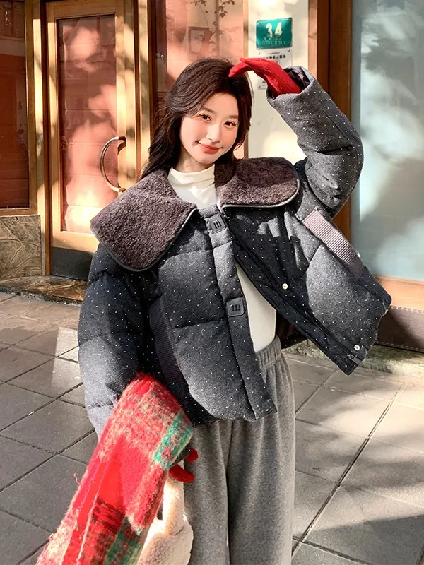 

ay Fluffy Polka Dot down Jaet Women's ort Sle Korean Straight Cut White Du down Padded Coat Warm Commute Faion
