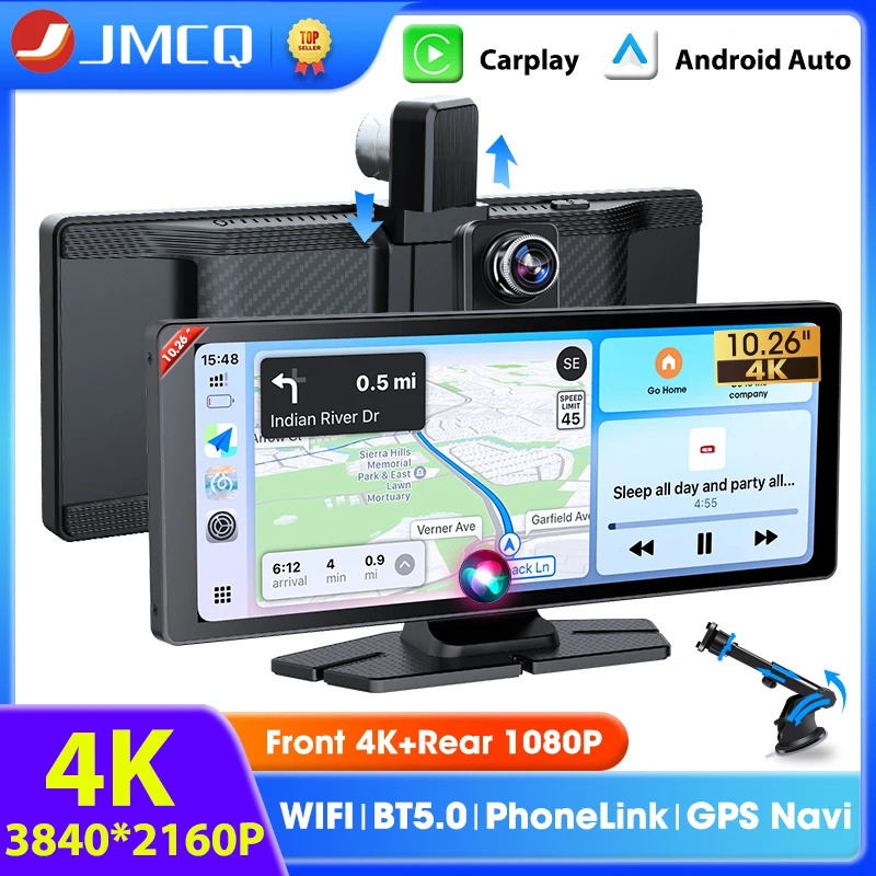 

10,26-дюймовый автомобильный видеорегистратор с камерой 4K, беспроводной Carplay, Android Auto, Bluetooth 360 ° Вращающийся видеорегистратор, видеорегистратор с камерой грузовика, FM AUX