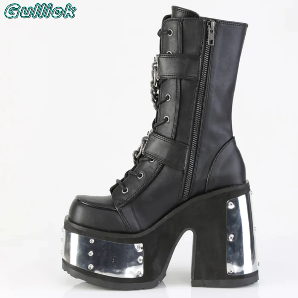 Skeleton Hand Rivets Chain Boots Round Toe Silver Platform Chunky Heel Metal Decor Side Zipper Mid Calf Punk Style Women Shoes