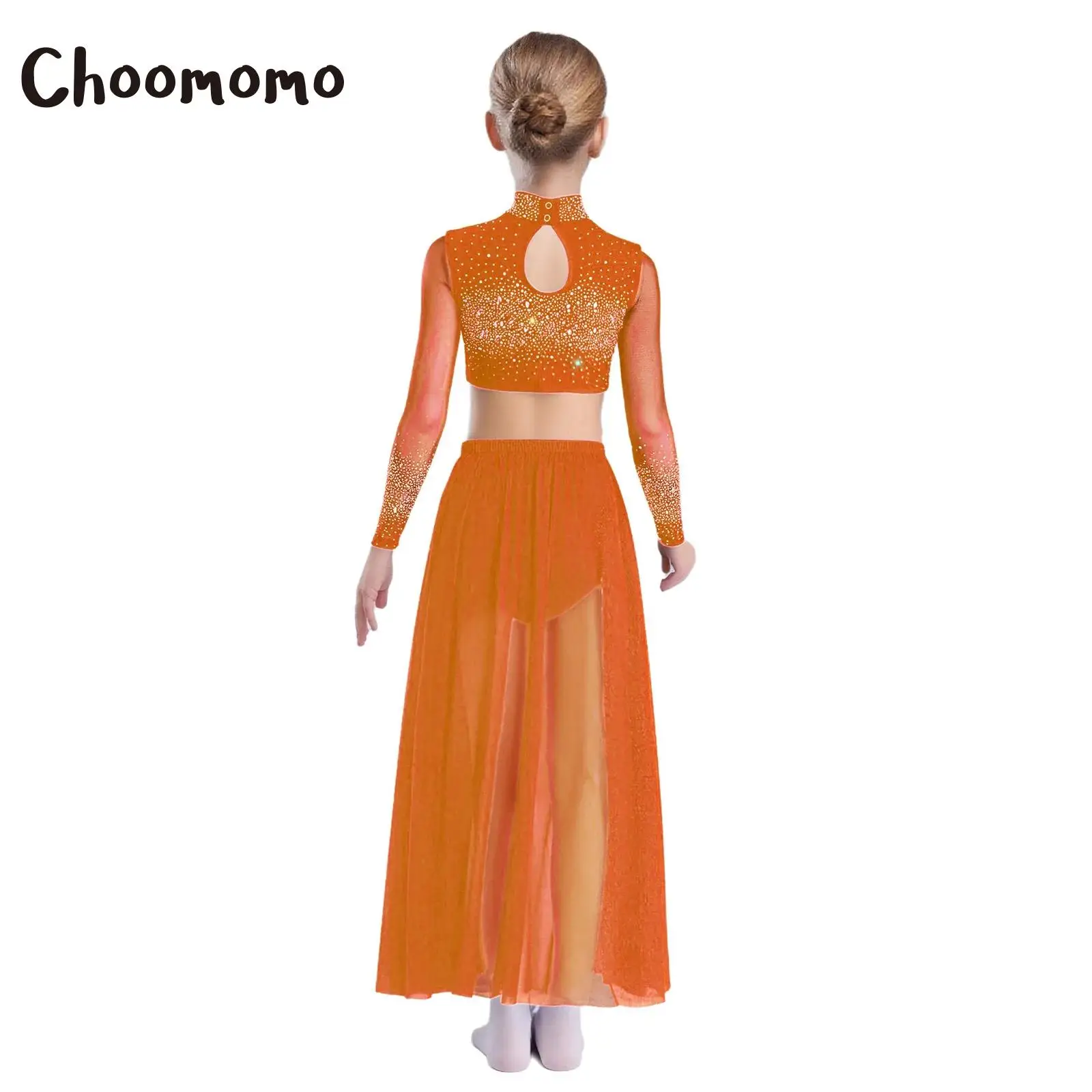 

Kids Girls Lyrical Dance Set Contemporary Skating Ballet Jazz Dance Costume Long Sleeve Rhinestone Crop Top And Sheer Mesh Skirt