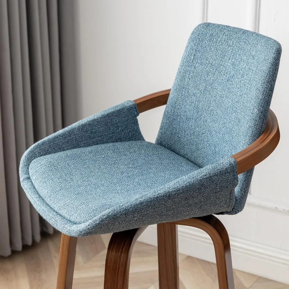 25.6" Counter Height Barstools Set of 3 Mid Century Modern Retro Bar Chairs Charcoal Blue Linen Look Fabric Upholstered
