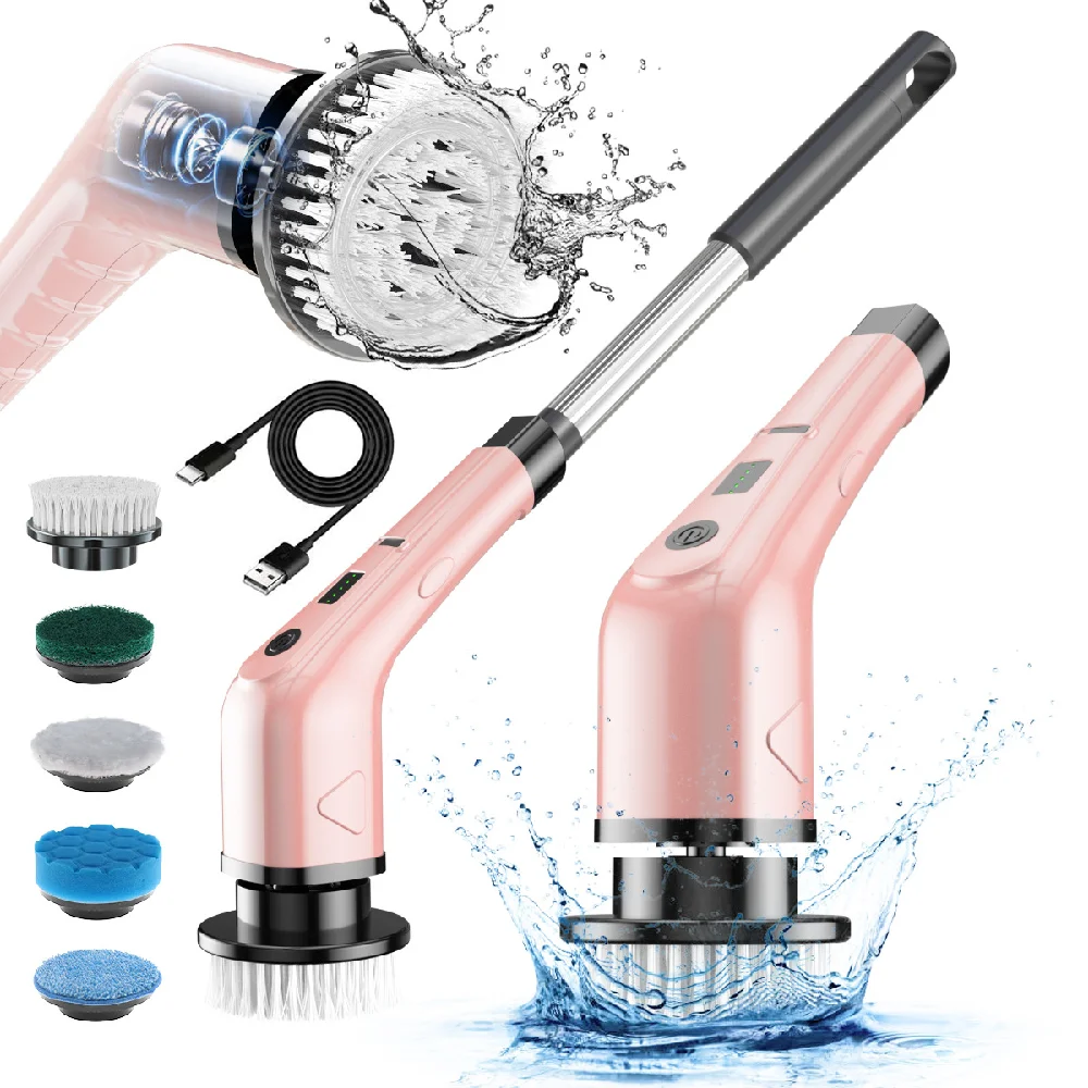فرشاة تنظيف كهربائية دوارة، فرشاة تنظيف منزلية لاسلكية مع رؤوس فرشاة قابلة للاستبدال ومقبض قابل للتعديل