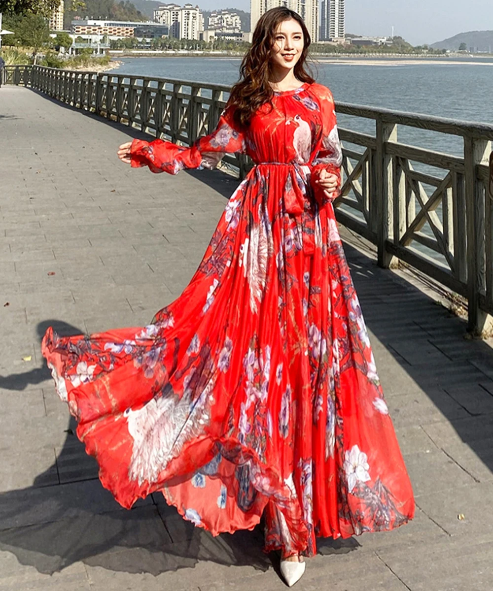 New Fashion Peacock Print Maxi Dress Women Sundress Abaya Dubai Hijab Chiffon Muslim Dresses African Turkey Islam Kaftan Robe