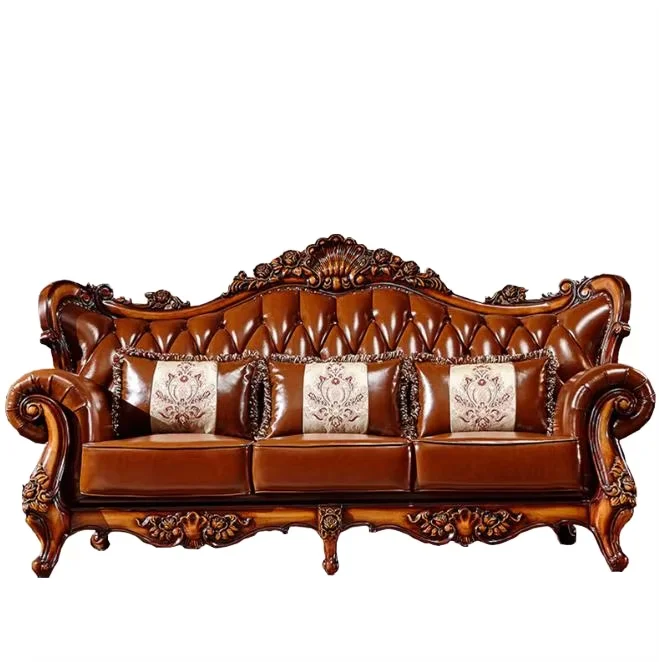

High Quality Traditional European Wooden Sofa Set With Genuine Leather Quality Brown Design For Workshop Basement Application