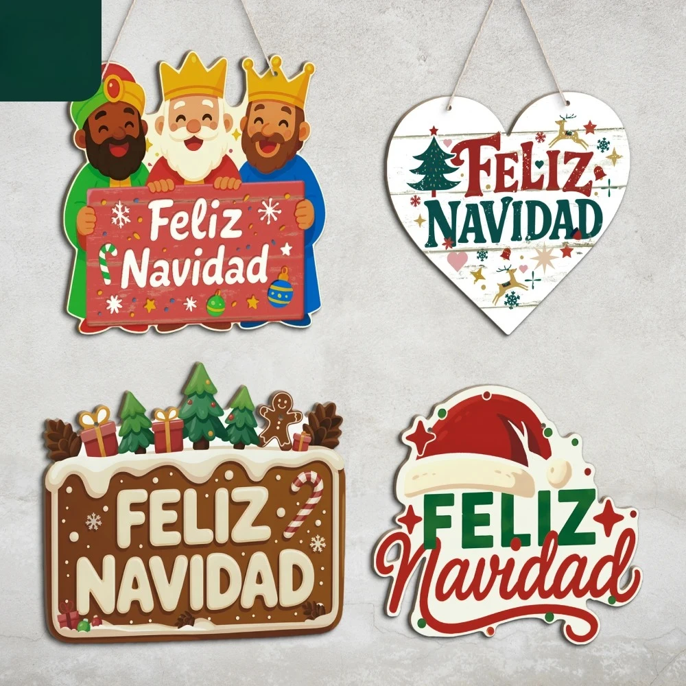 Listado de Navidad español Feliz Navidad decoración de pared con Papá Noel 2D decoración colgante de Festival de madera para regalo de fiesta en casa
