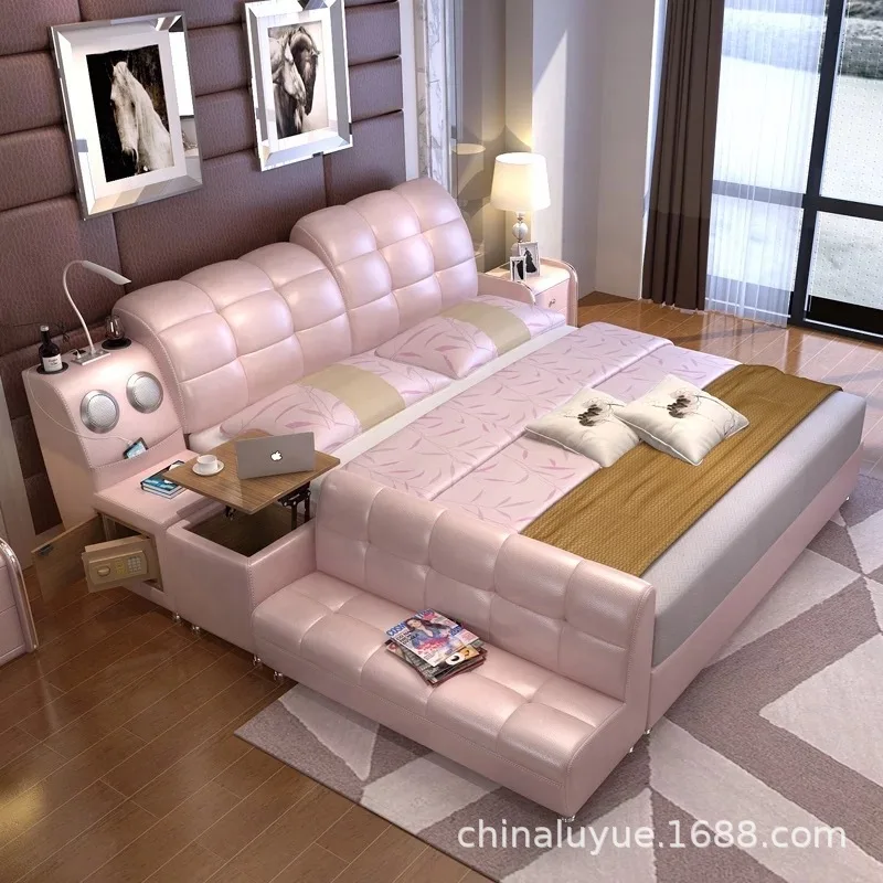 

INS Pink Wedding Room Smart Tatami Double Large Multi-functional Pitch First Layer Cowhide Upholstered Master Bedroom Bed