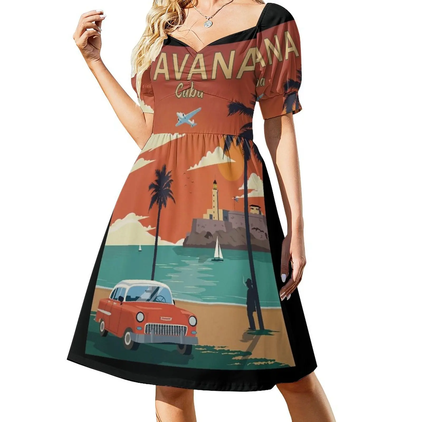 

Havana Cuba Habana Cuban Caribbean Island Retro Travel Short-Sleeved Dress women's summer jumpsuit Dress vintage