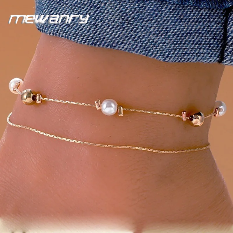 Mewanry Silver Color Pearl Anklet For Women Bohemia Ethnic Creative Double Deck Chain Birthday Party Jewelry Gifts Wholesale